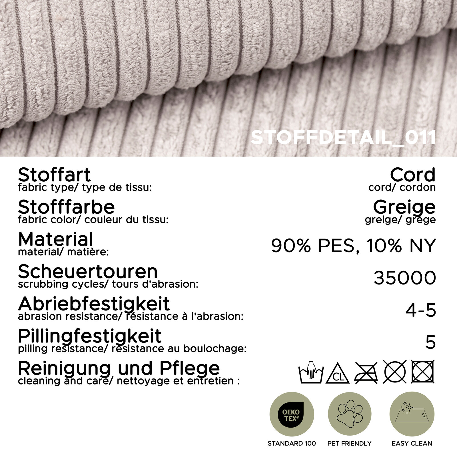 Nahaufnahme/Detailansicht von greige-farbenem Cordstoff mit Rippenstruktur; Infografik mit Angaben: Stoffart Cord, Farbe Greige, Material 90% PES/10% NY, Scheuertouren 35.000, Abriebfestigkeit 4–5, Pillingfestigkeit 5, Pflegehinweise sowie Icons für OEKO-