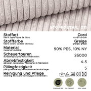 Nahaufnahme/Detailansicht von greige-farbenem Cordstoff mit Rippenstruktur; Infografik mit Angaben: Stoffart Cord, Farbe Greige, Material 90% PES/10% NY, Scheuertouren 35.000, Abriebfestigkeit 4–5, Pillingfestigkeit 5, Pflegehinweise sowie Icons für OEKO-