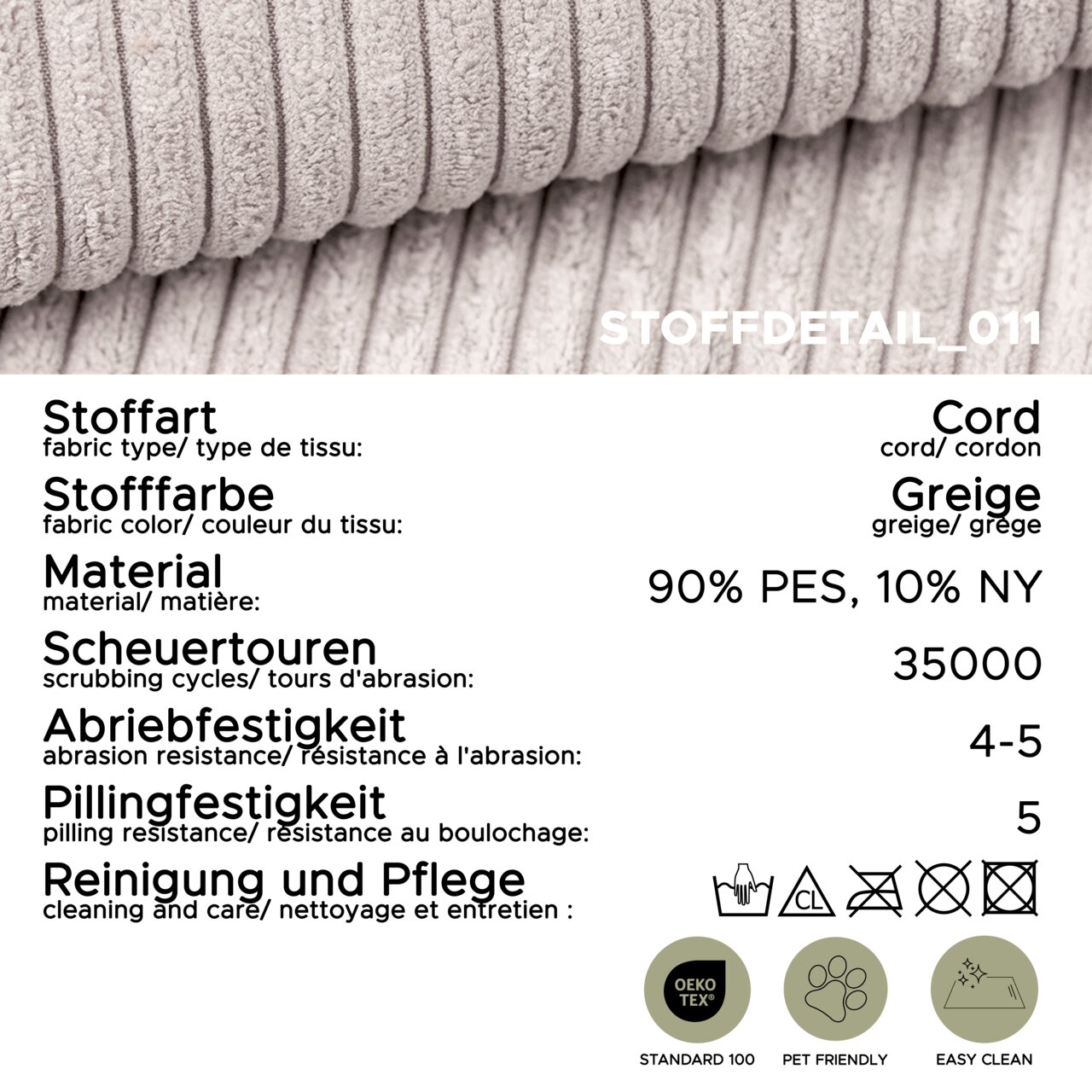 Nahaufnahme/Detailansicht von greige-farbenem Cordstoff mit Rippenstruktur; Infografik mit Angaben: Stoffart Cord, Farbe Greige, Material 90% PES/10% NY, Scheuertouren 35.000, Abriebfestigkeit 4–5, Pillingfestigkeit 5, Pflegehinweise sowie Icons für OEKO-