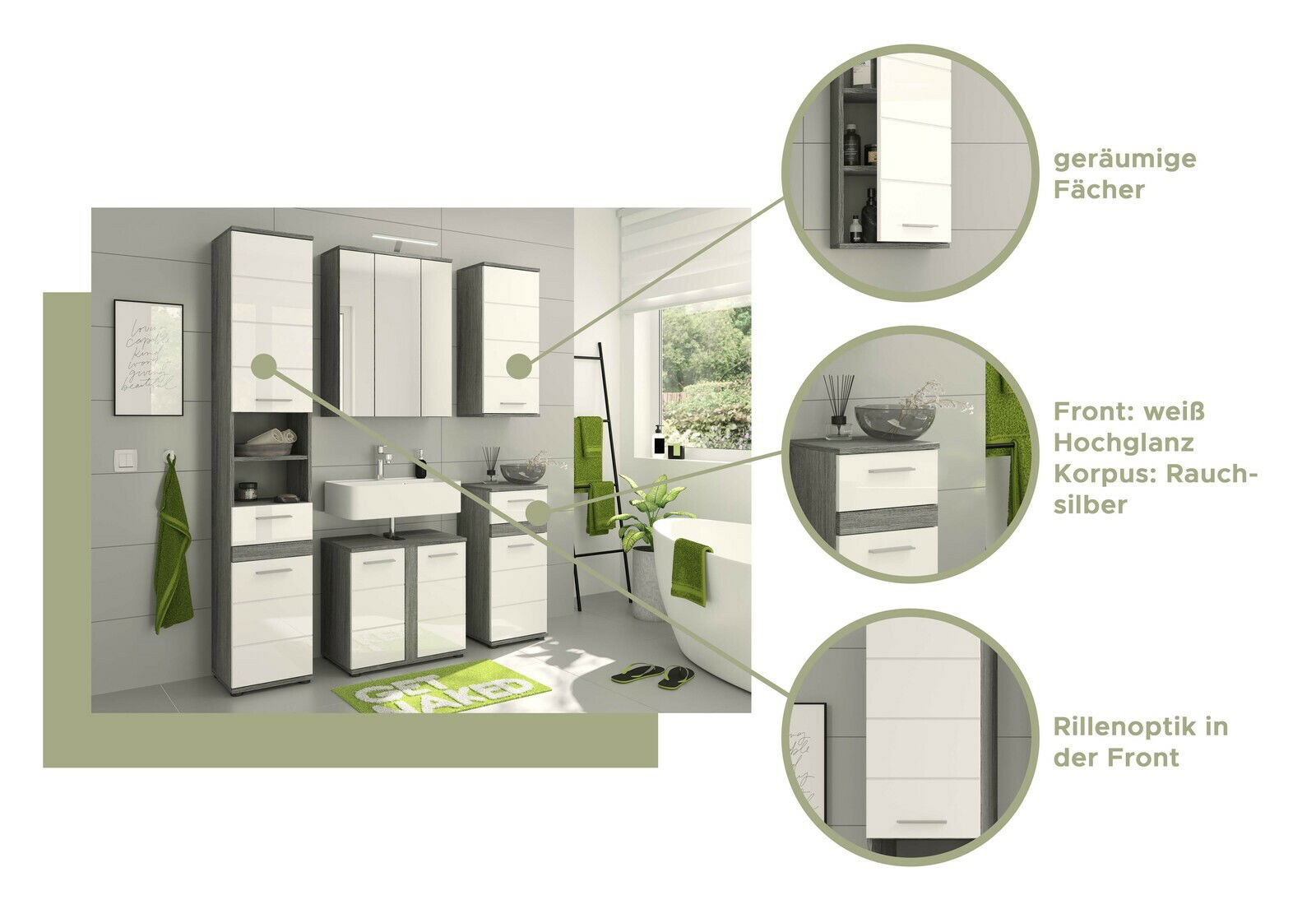 Badezimmermöbel-Set in moderner Perspektive mit weißer Hochglanzfront und rauchsilbernem Korpus, bestehend aus Hochschrank, Spiegelschrank, Waschbeckenunterschrank und Hängeschrank. Geräumige Fächer und Rillenoptik in der Front.