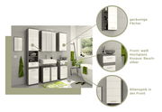 Badezimmermöbel-Set in moderner Perspektive mit weißer Hochglanzfront und rauchsilbernem Korpus, bestehend aus Hochschrank, Spiegelschrank, Waschbeckenunterschrank und Hängeschrank. Geräumige Fächer und Rillenoptik in der Front.