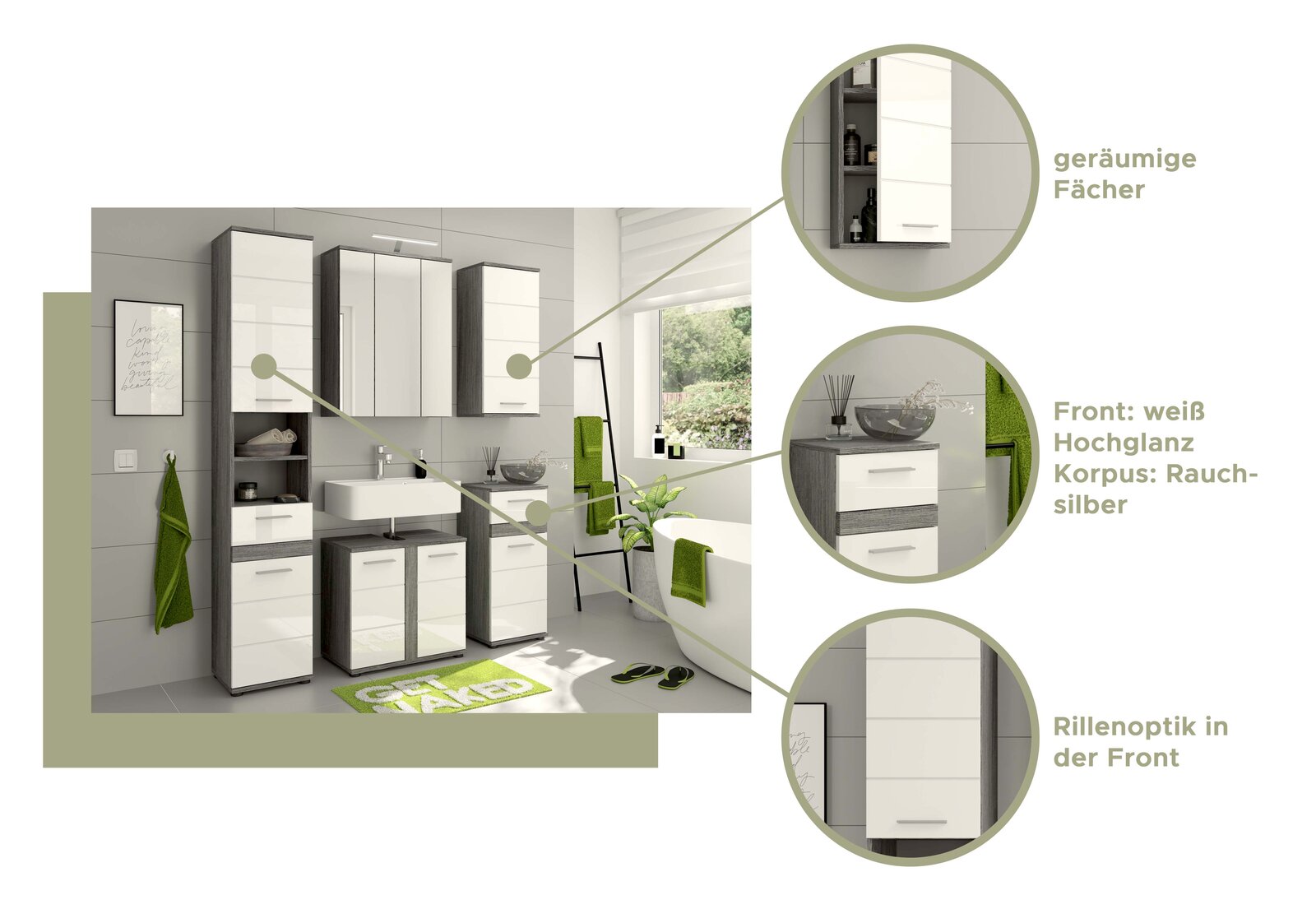 Badezimmermöbel-Set in moderner Perspektive mit weißer Hochglanzfront und rauchsilbernem Korpus, bestehend aus Hochschrank, Spiegelschrank, Waschbeckenunterschrank und Hängeschrank. Geräumige Fächer und Rillenoptik in der Front.