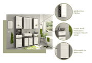 Badezimmermöbel-Set in moderner Perspektive mit weißer Hochglanzfront und rauchsilbernem Korpus, bestehend aus Hochschrank, Spiegelschrank, Waschbeckenunterschrank und Hängeschrank. Geräumige Fächer und Rillenoptik in der Front.