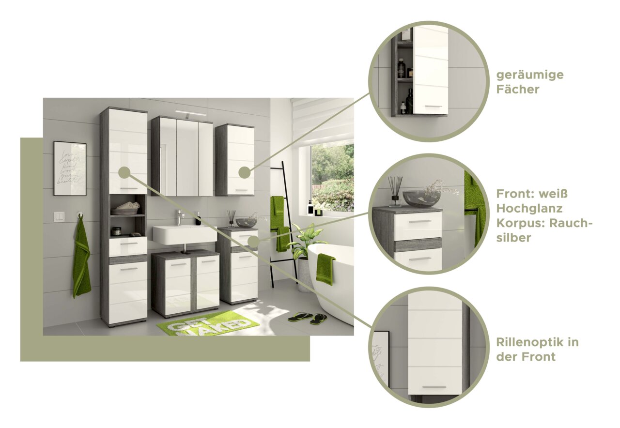 Badezimmermöbel-Set in moderner Perspektive mit weißer Hochglanzfront und rauchsilbernem Korpus, bestehend aus Hochschrank, Spiegelschrank, Waschbeckenunterschrank und Hängeschrank. Geräumige Fächer und Rillenoptik in der Front.