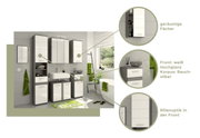 Badezimmermöbel-Set in moderner Perspektive mit weißer Hochglanzfront und rauchsilbernem Korpus, bestehend aus Hochschrank, Spiegelschrank, Waschbeckenunterschrank und Hängeschrank. Geräumige Fächer und Rillenoptik in der Front.