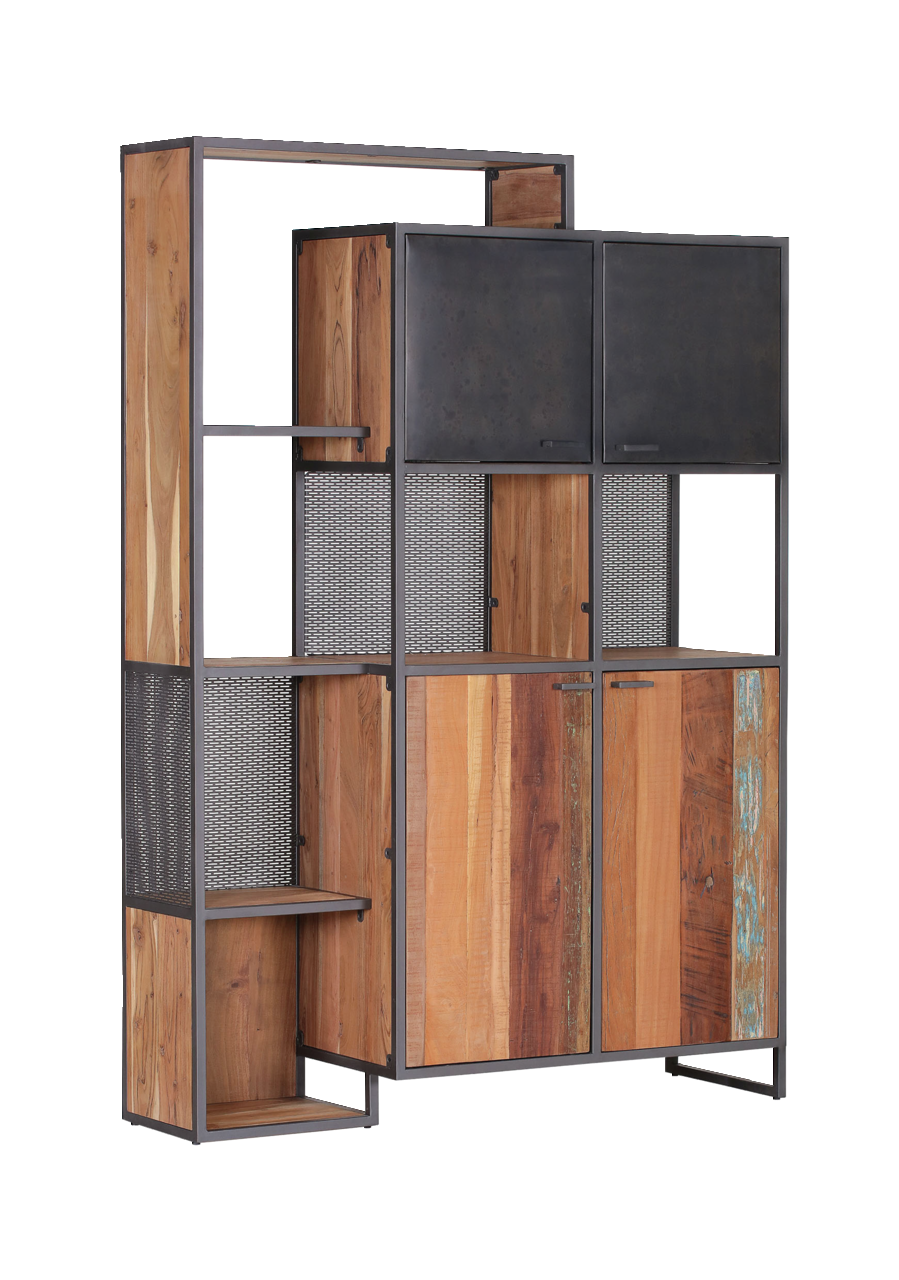 Modernes Highboard aus Holz und Metall mit offenen Regalen und geschlossenen Schränken, seitliche Perspektive.