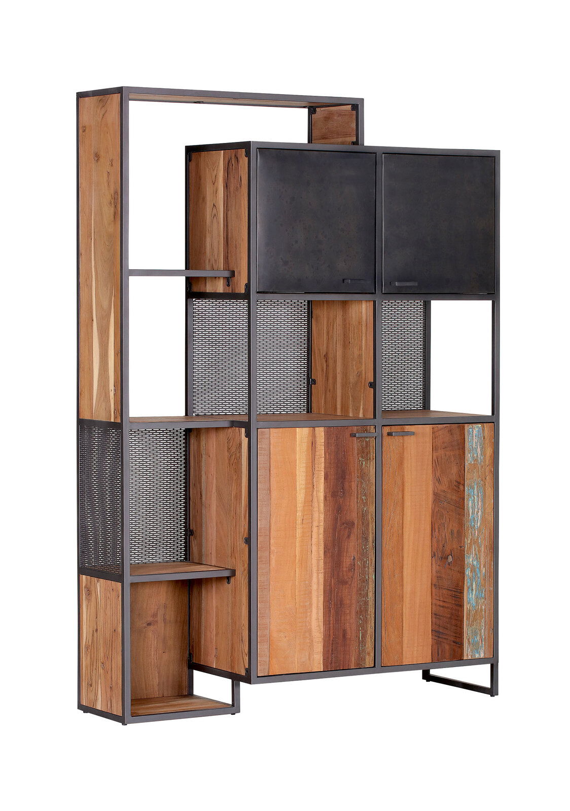 Modernes Highboard aus Holz und Metall mit offenen Regalen und geschlossenen Schränken, seitliche Perspektive.