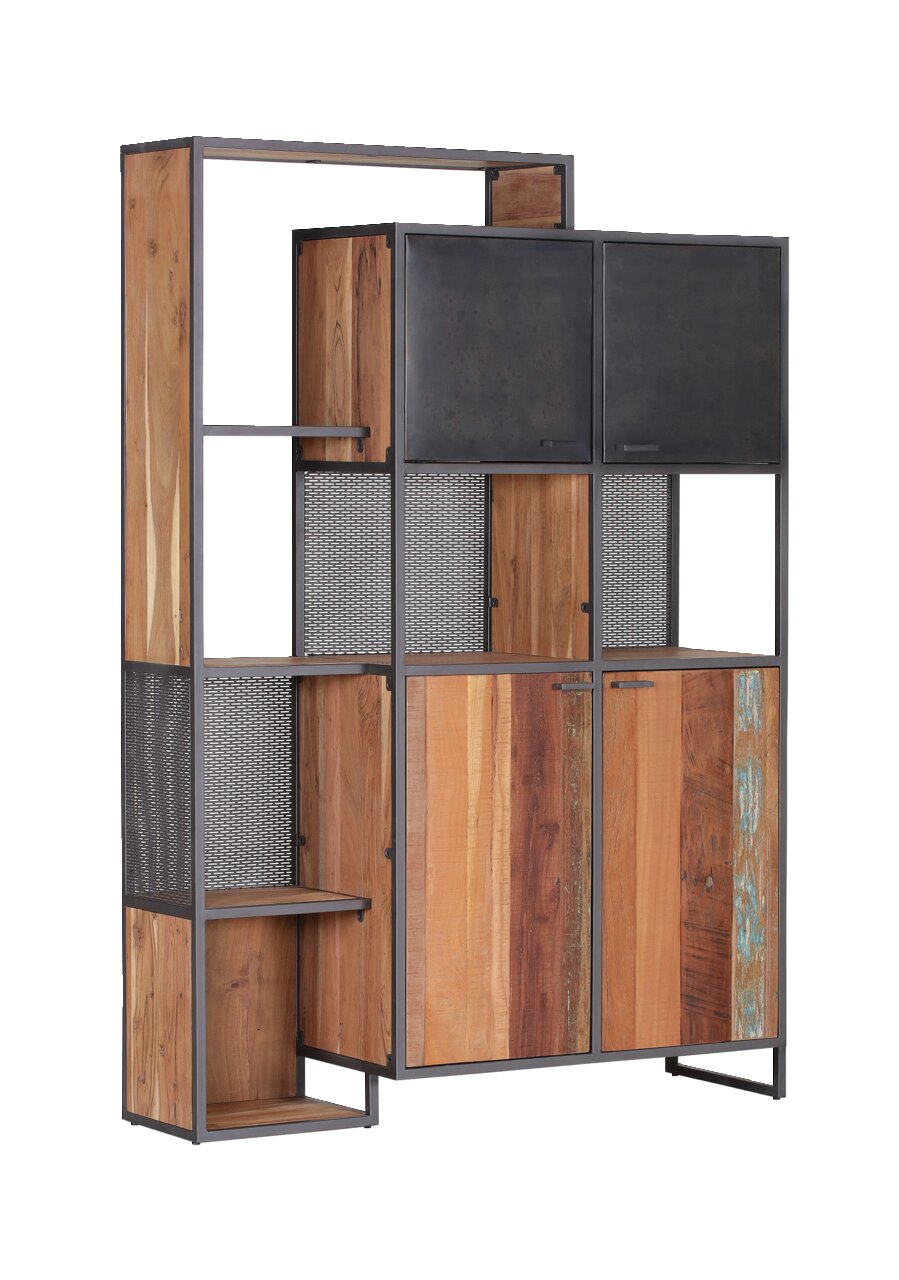Modernes Highboard aus Holz und Metall mit offenen Regalen und geschlossenen Schränken, seitliche Perspektive.