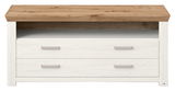 Frontale Ansicht eines Lowboards mit zwei weißen Schubladen und einer offenen Ablagefläche, gekrönt von einer Holzplatte in natürlicher Eichenoptik.