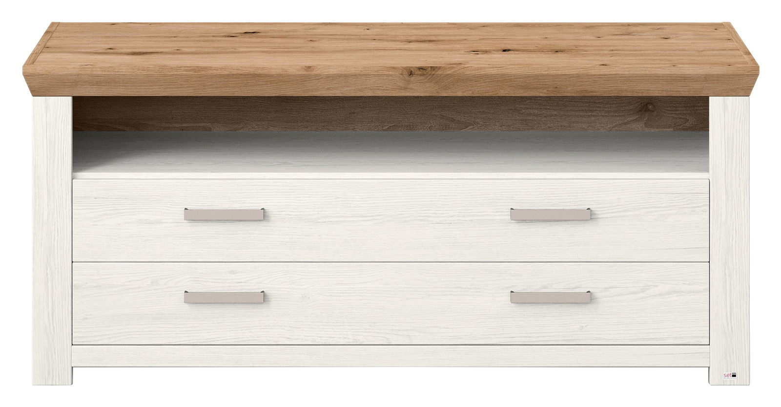 Frontale Ansicht eines Lowboards mit zwei weißen Schubladen und einer offenen Ablagefläche, gekrönt von einer Holzplatte in natürlicher Eichenoptik.