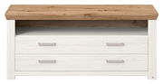 Frontale Ansicht eines Lowboards mit zwei weißen Schubladen und einer offenen Ablagefläche, gekrönt von einer Holzplatte in natürlicher Eichenoptik.