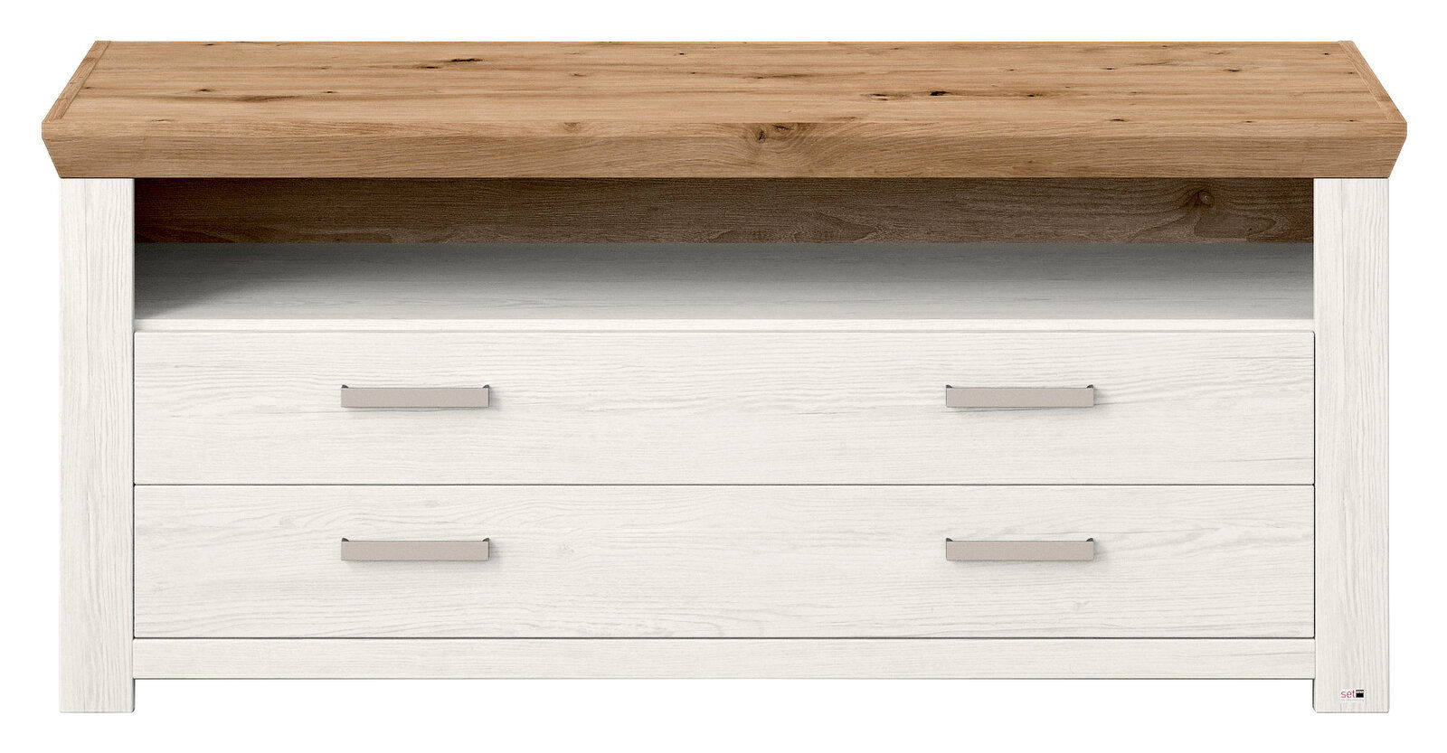 Frontale Ansicht eines Lowboards mit zwei weißen Schubladen und einer offenen Ablagefläche, gekrönt von einer Holzplatte in natürlicher Eichenoptik.