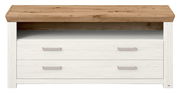 Frontale Ansicht eines Lowboards mit zwei weißen Schubladen und einer offenen Ablagefläche, gekrönt von einer Holzplatte in natürlicher Eichenoptik.