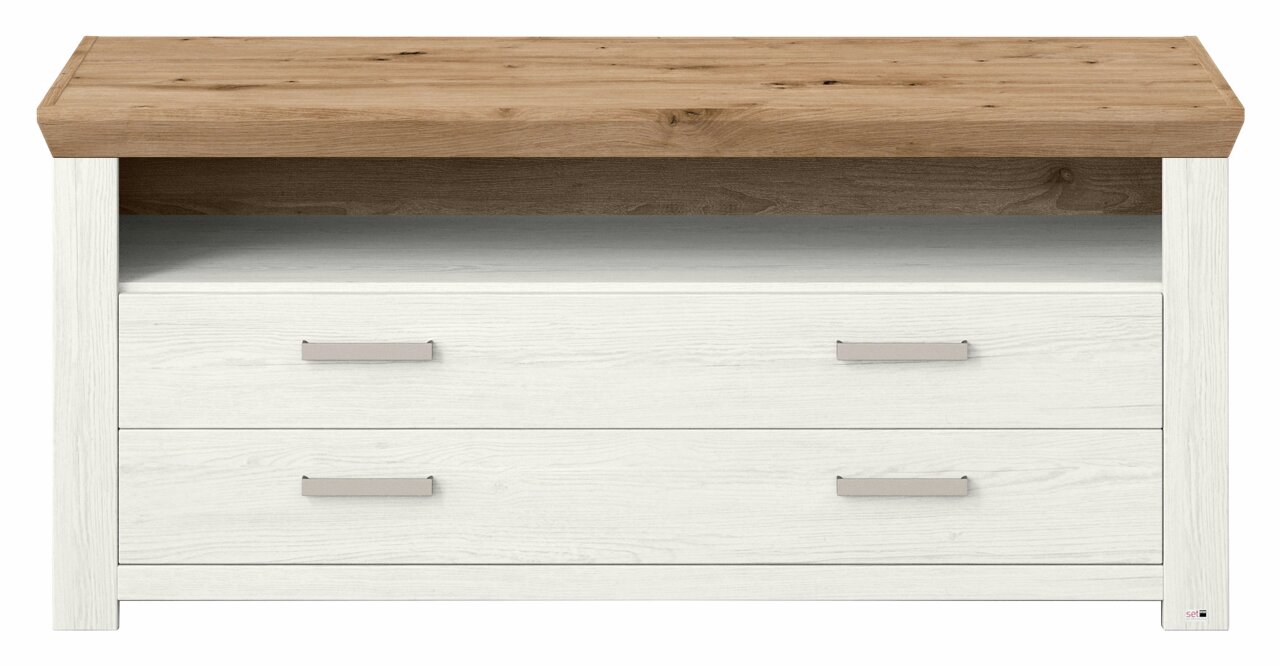 Frontale Ansicht eines Lowboards mit zwei weißen Schubladen und einer offenen Ablagefläche, gekrönt von einer Holzplatte in natürlicher Eichenoptik.
