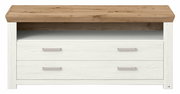 Frontale Ansicht eines Lowboards mit zwei weißen Schubladen und einer offenen Ablagefläche, gekrönt von einer Holzplatte in natürlicher Eichenoptik.