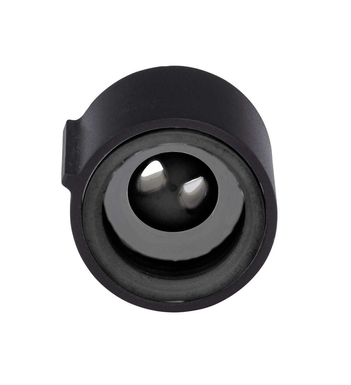 Schwarzer Wasserregler aus der Vorderansicht, zylindrische Form mit zentraler Öffnung.