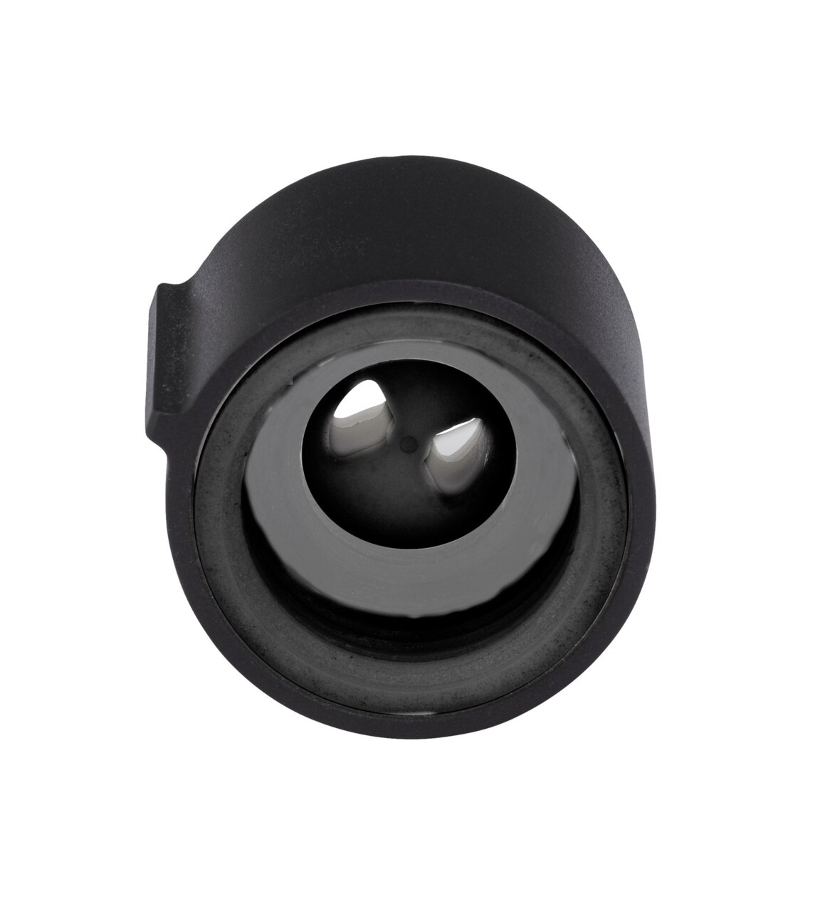 Schwarzer Wasserregler aus der Vorderansicht, zylindrische Form mit zentraler Öffnung.