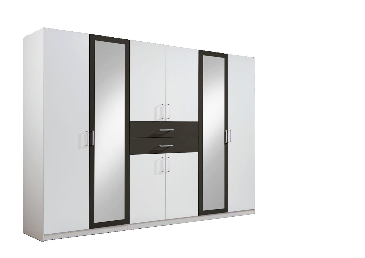 Moderner 8-türiger Drehtürenschrank in Weiß mit dunklen Akzenten und Spiegeln, frontal abgebildet in einem stilvollen Raum.