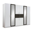Moderner 8-türiger Drehtürenschrank in Weiß mit dunklen Akzenten und Spiegeln, frontal abgebildet in einem stilvollen Raum.