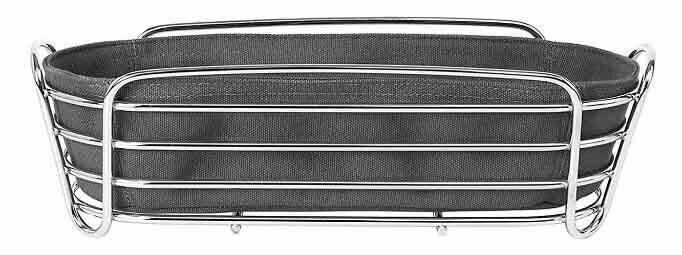 Brotkorb aus Metall mit grauem Stoffeinsatz, seitliche Perspektive