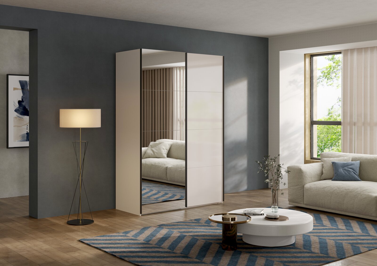 Vooraanzicht in licht zijperspectief van een moderne kledingkast met beige schuifdeuren en een grote spiegeldeur in een stijlvol woonkamerinterieur.