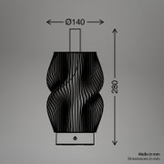 Schwarze Tischleuchte mit gedrehter, gerippter Lampenform und rechteckigem Fuß mit Ein-/Ausschalter, technische Maßgrafik in Frontansicht mit Ø 140 mm und Höhe 280 mm
