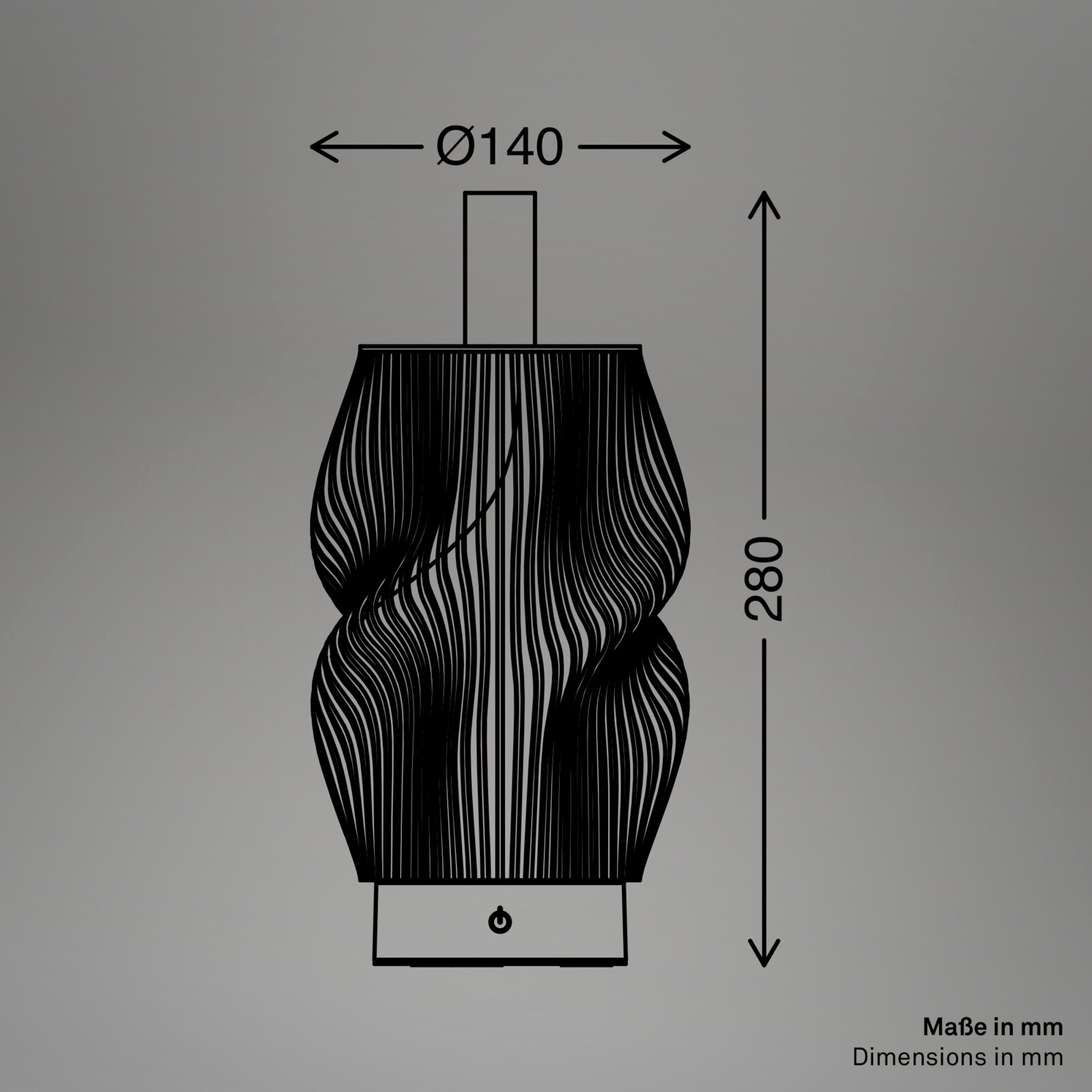 Schwarze Tischleuchte mit gedrehter, gerippter Lampenform und rechteckigem Fuß mit Ein-/Ausschalter, technische Maßgrafik in Frontansicht mit Ø 140 mm und Höhe 280 mm