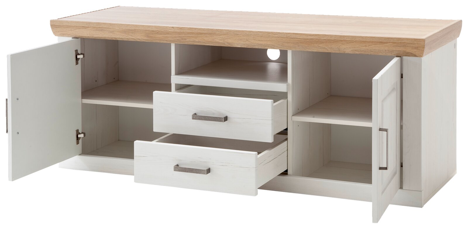 Wit tv-lowboard met een blad in houtlook, twee lades en twee open deuren, vooraanzicht in licht schuin perspectief