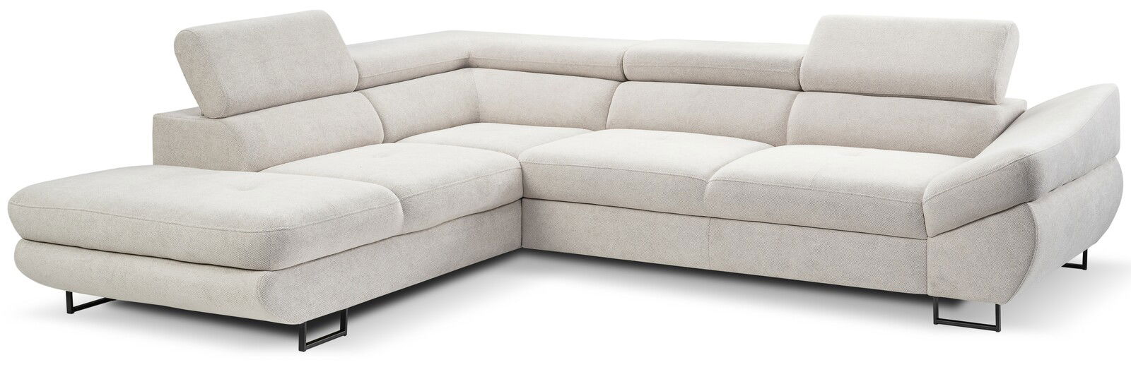 Helle, moderne Rundecke OTTLI (L) in L-Form mit verstellbaren Kopfstützen, aus einer schrägen Perspektive fotografiert.