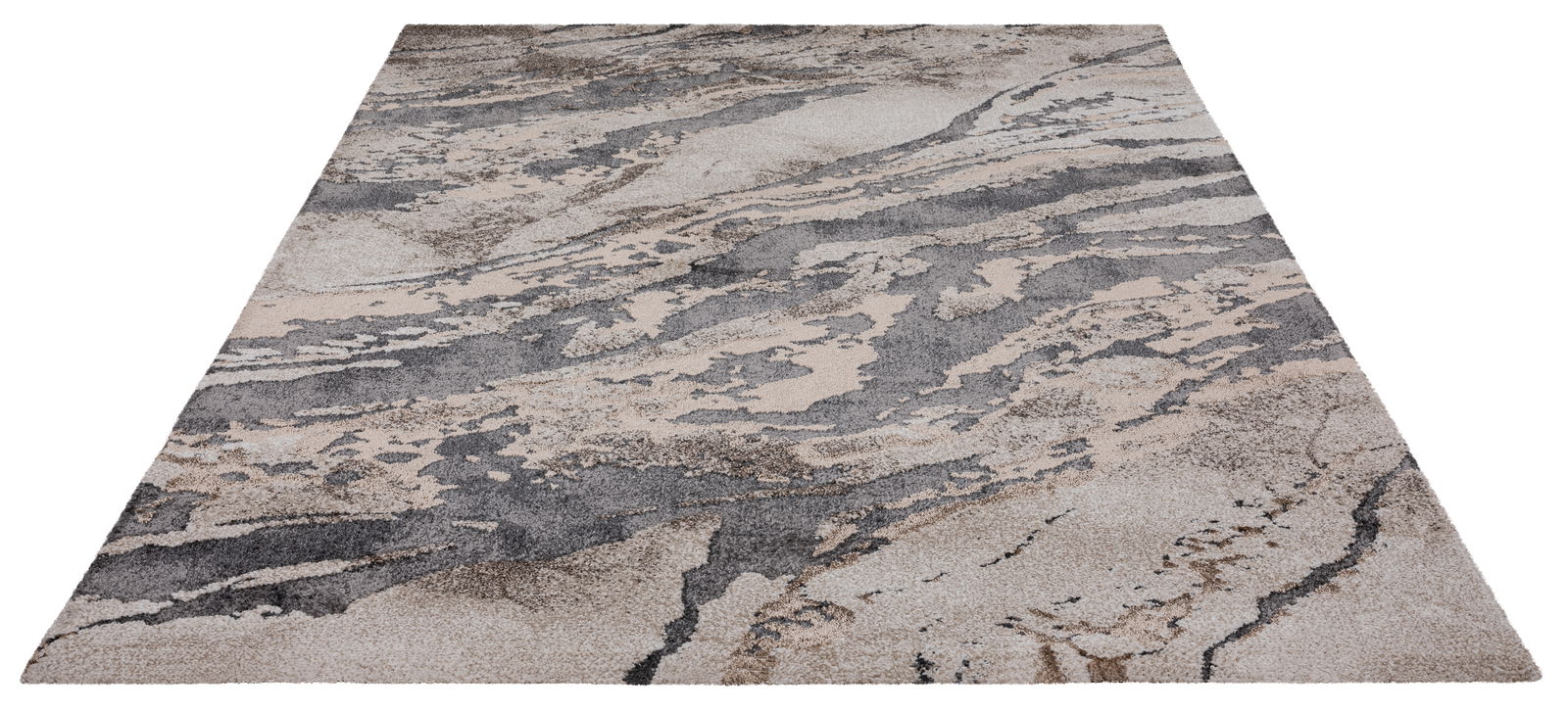 Moderner Webteppich in Grau- und Beigetönen mit abstraktem Muster, perspektivisch von der Seite fotografiert.