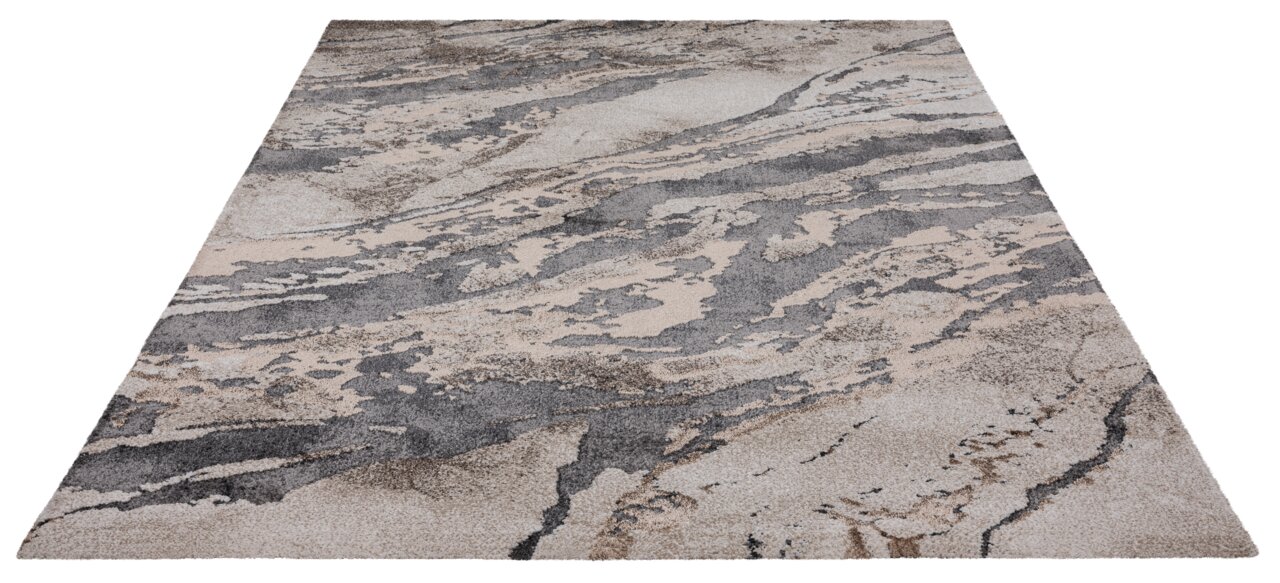 Merinos Webteppich MARVELLOUS Moderner Webteppich in Grau- und Beigetönen mit abstraktem Muster, perspektivisch von der Seite fotografiert.