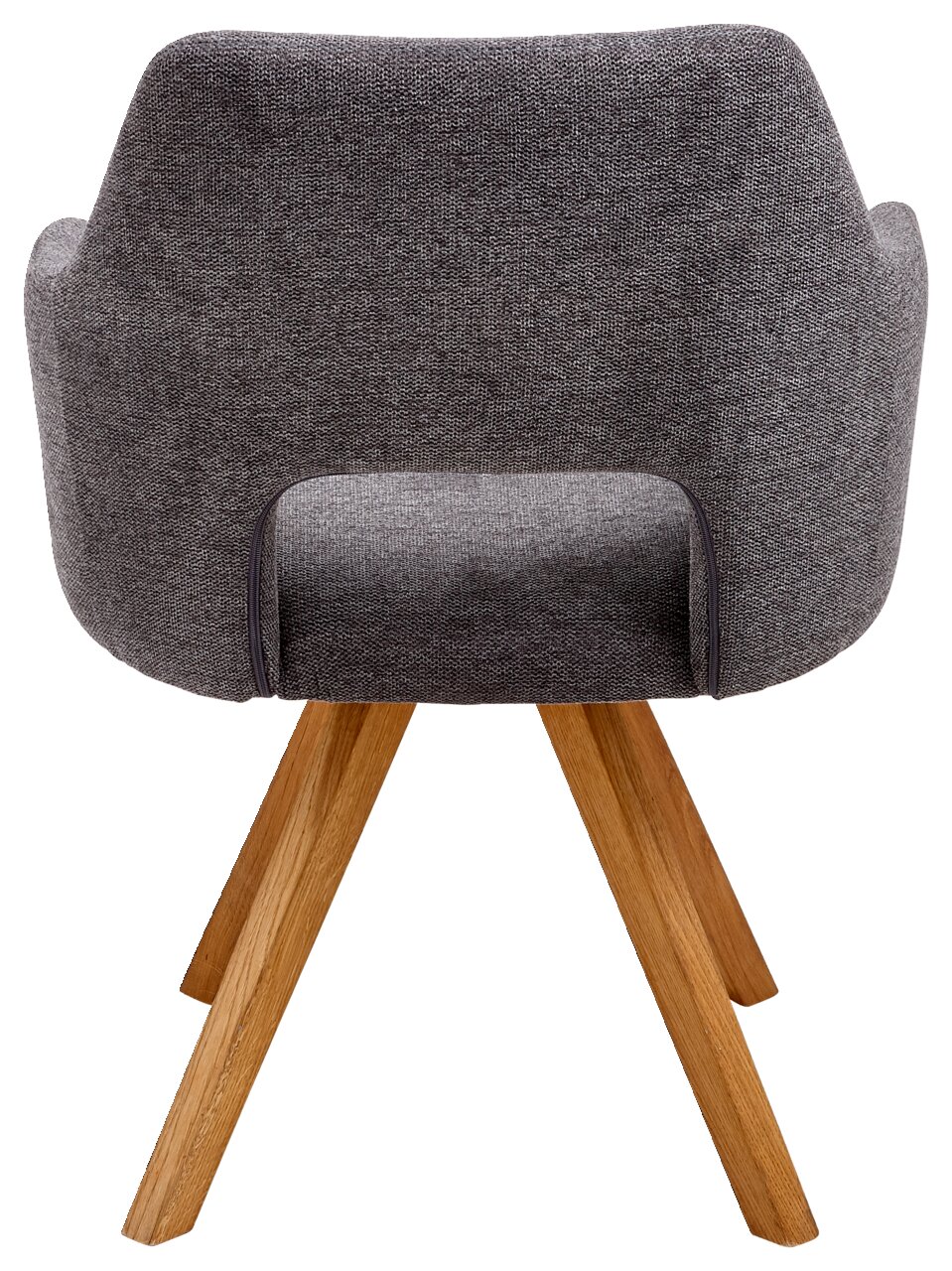 Rückansicht eines grauen Sessels mit Holzbeinen