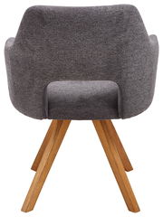 Rückansicht eines grauen Sessels mit Holzbeinen