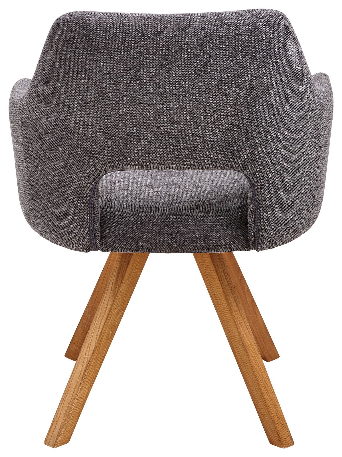 Rückansicht eines grauen Sessels mit Holzbeinen