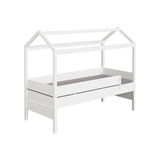 Weißes Kojenbett mit Giebel in Hausform, seitliche Perspektive