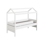 Weißes Kojenbett mit Giebel in Hausform, seitliche Perspektive