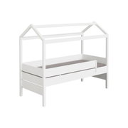 Wit stapelbed met een gevel in de vorm van een huis, zijaanzicht