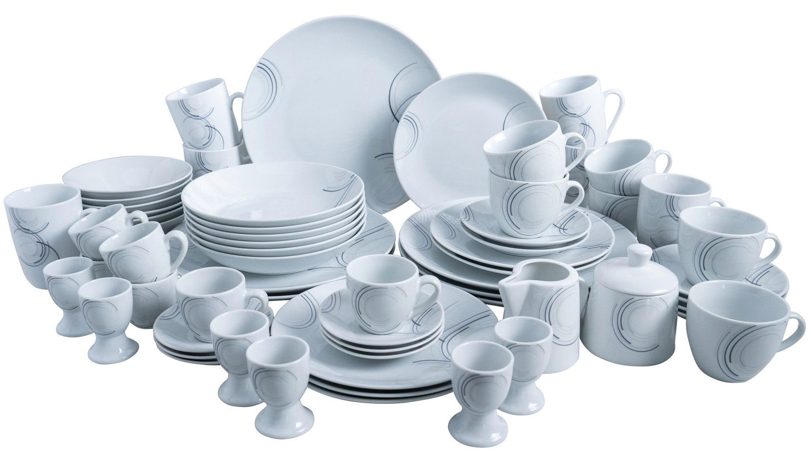 Vielseitiges 62-teiliges Kombiset aus weißem Porzellan mit elegantem Kreisdesign, aus der Vogelperspektive aufgenommen.