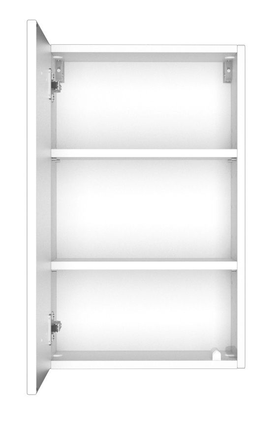 Weißer Hängeschrank mit geöffneter Tür, zwei Einlegeböden und frontaler Perspektive