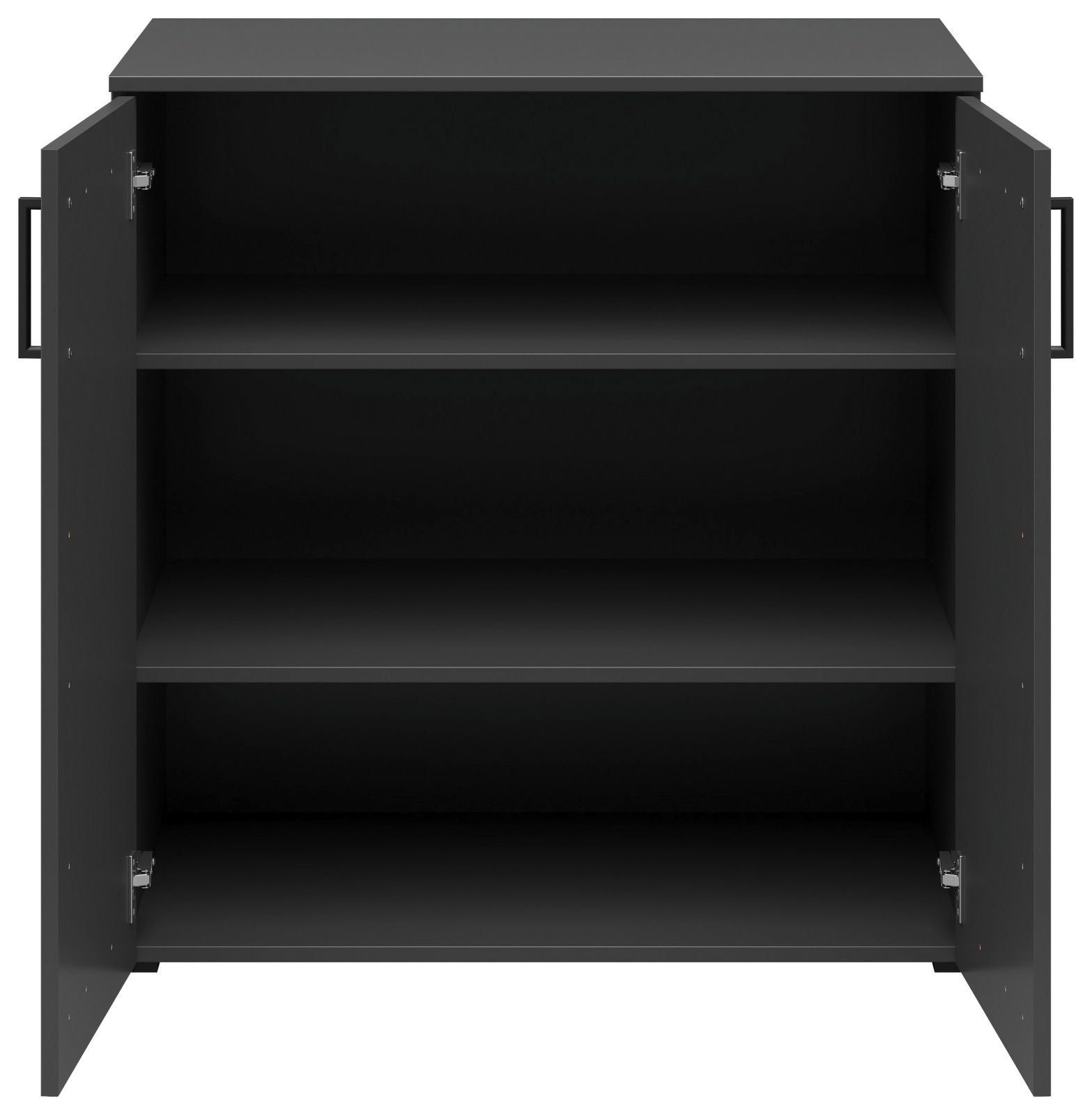 Schwarze Kommode mit zwei offenen Türen und drei Regalböden, frontale Ansicht.