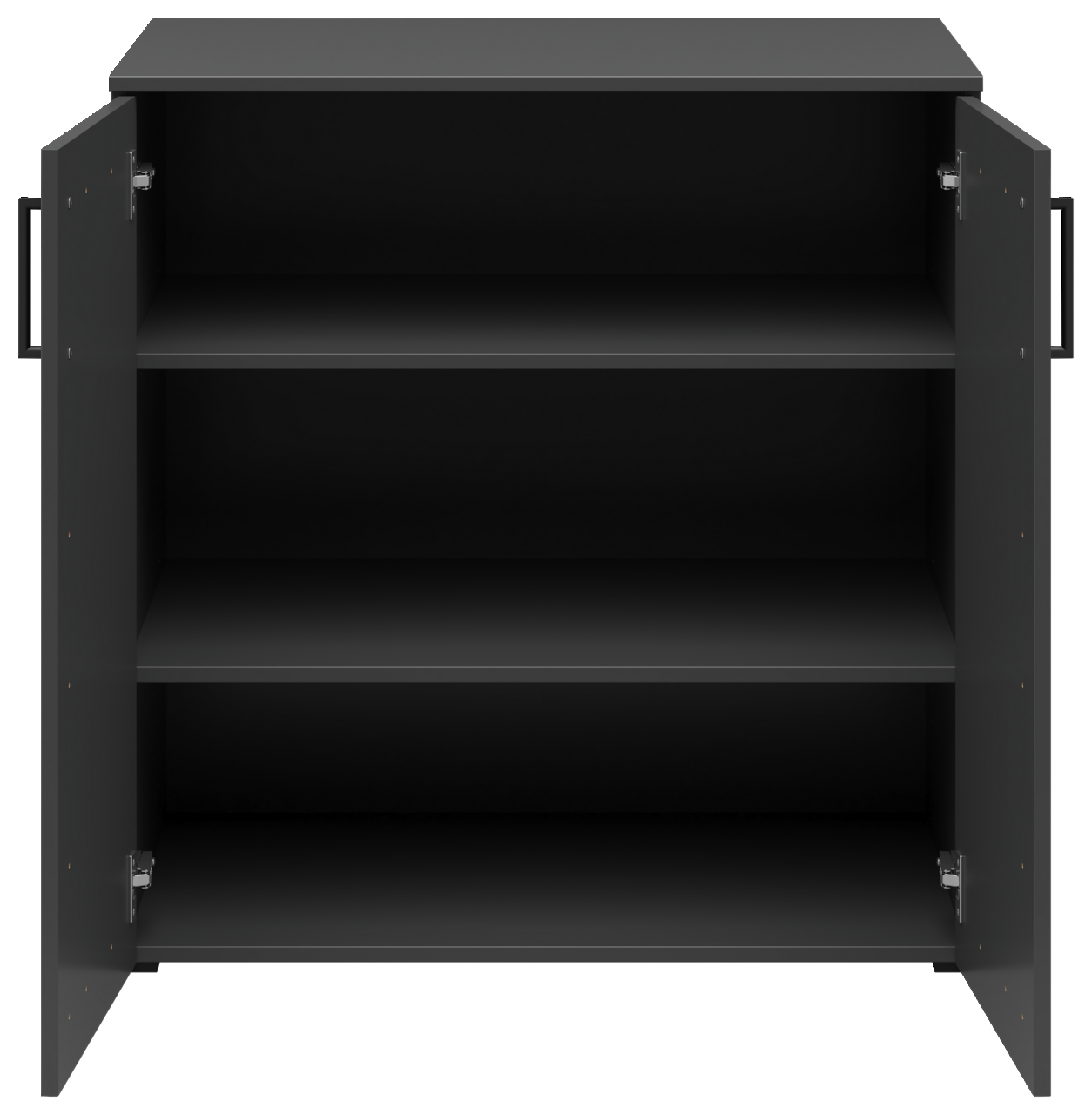 Schwarze Kommode mit zwei offenen Türen und drei Regalböden, frontale Ansicht.