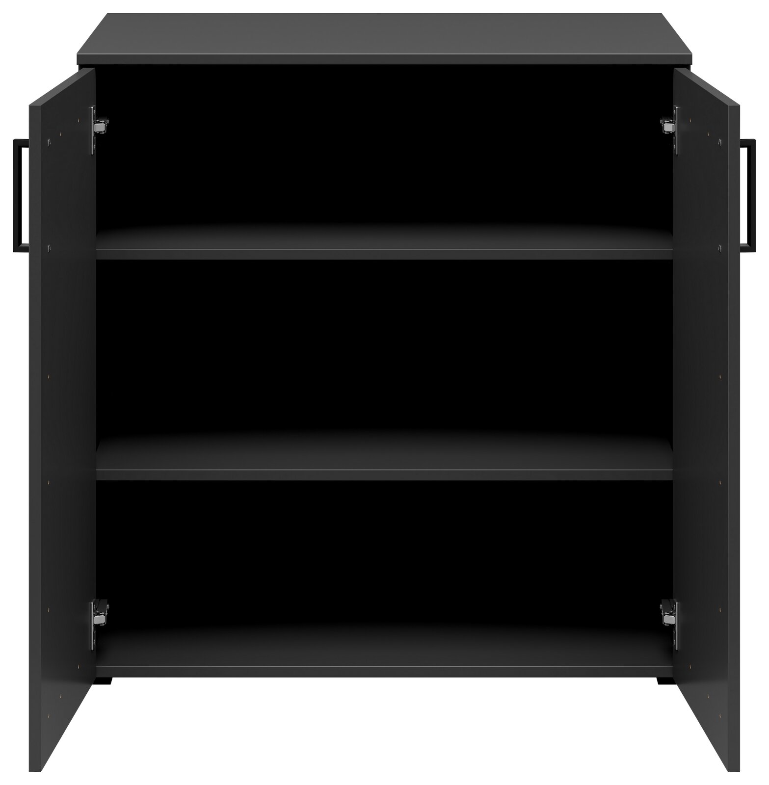 Schwarze Kommode mit zwei offenen Türen und drei Regalböden, frontale Ansicht.