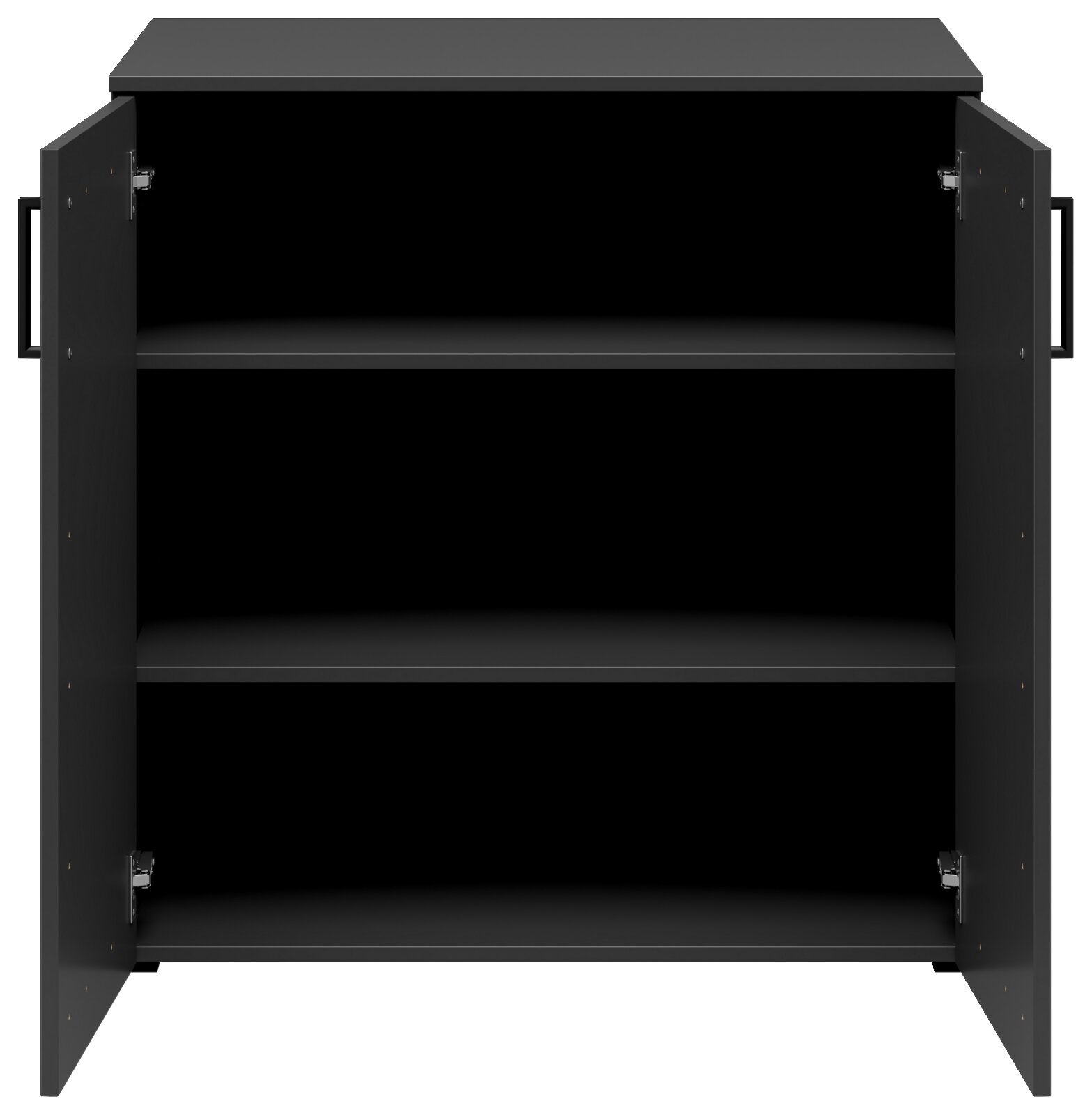 Schwarze Kommode mit zwei offenen Türen und drei Regalböden, frontale Ansicht.