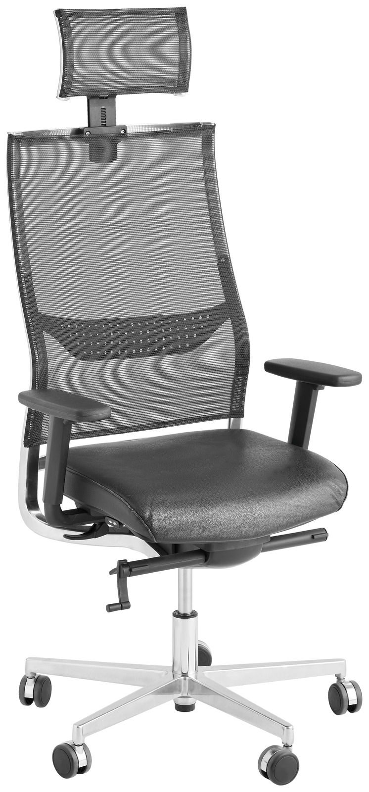 Ergonomischer Bürostuhl mit Netzrückenlehne und Kopfstütze, seitliche Ansicht