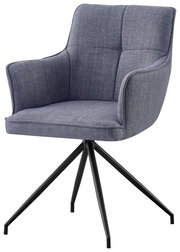 Grauer Armlehnstuhl mit Stoffbezug und schwarzem Metallgestell, seitliche Perspektive