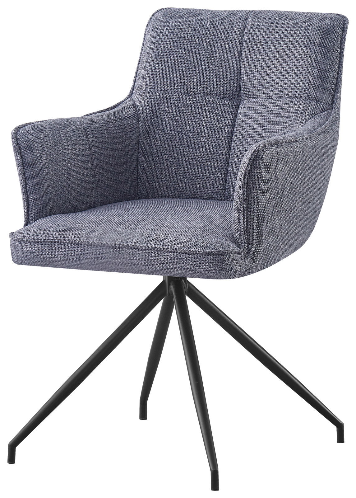 Grauer Armlehnstuhl mit Stoffbezug und schwarzem Metallgestell, seitliche Perspektive