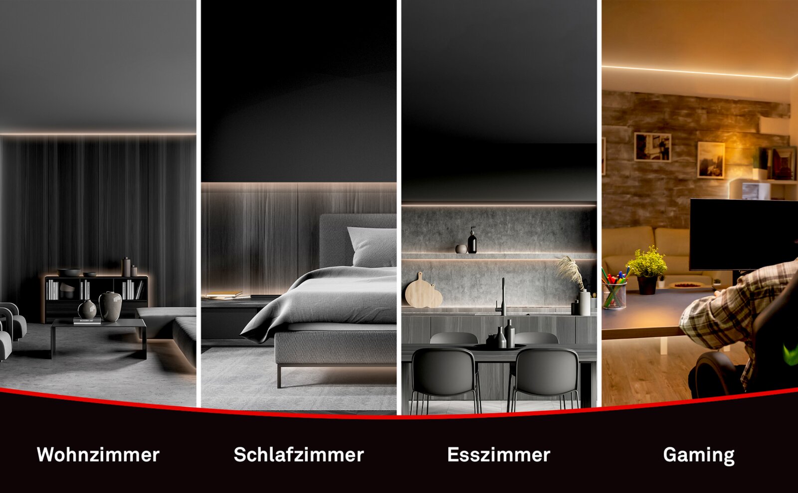 Stimmungsbild einer umlaufenden LED-Lichtlinie als indirekte Deckenbeleuchtung in Wohnzimmer, Schlafzimmer, Esszimmer und Gaming-Setup, gezeigt aus frontaler Innenraum-Perspektive.