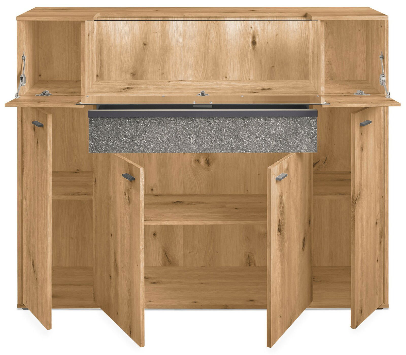 Frontansicht eines Highboards aus Holz mit mehreren offenen Türen und einem grauen Akzent.