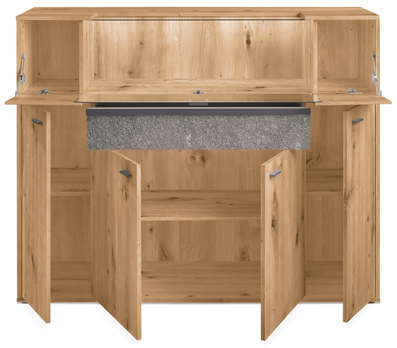 Frontansicht eines Highboards aus Holz mit mehreren offenen Türen und einem grauen Akzent.