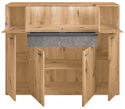 Frontansicht eines Highboards aus Holz mit mehreren offenen Türen und einem grauen Akzent.